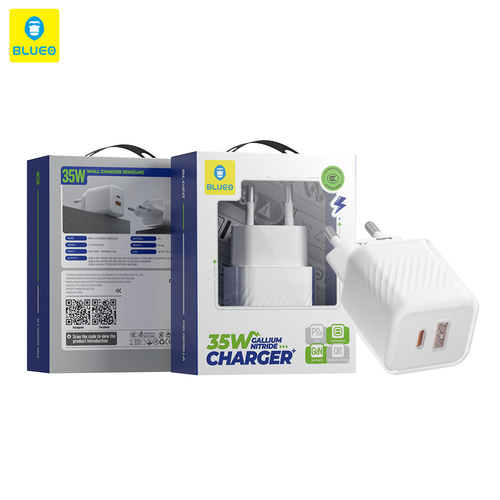 Blueo Network Charger, 35W, 3A, 1 x USB-A - 1 x USB-C, White