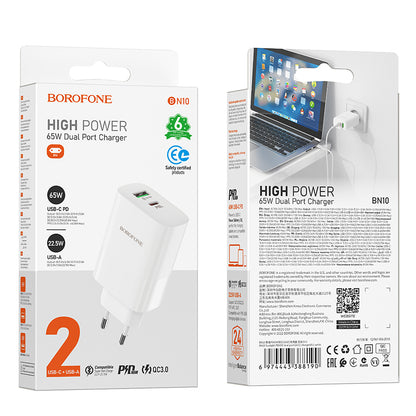 Carregador de rede Borofone BN10, 65W, 5A, 1 x USB-A - 1 x USB-C, branco 