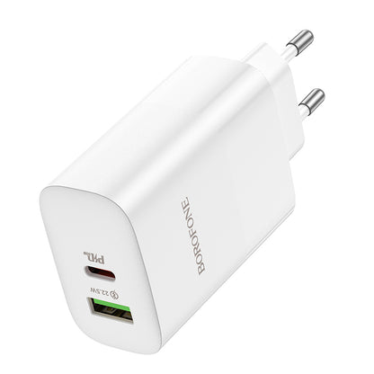 Carregador de rede Borofone BN10, 65W, 5A, 1 x USB-A - 1 x USB-C, branco 