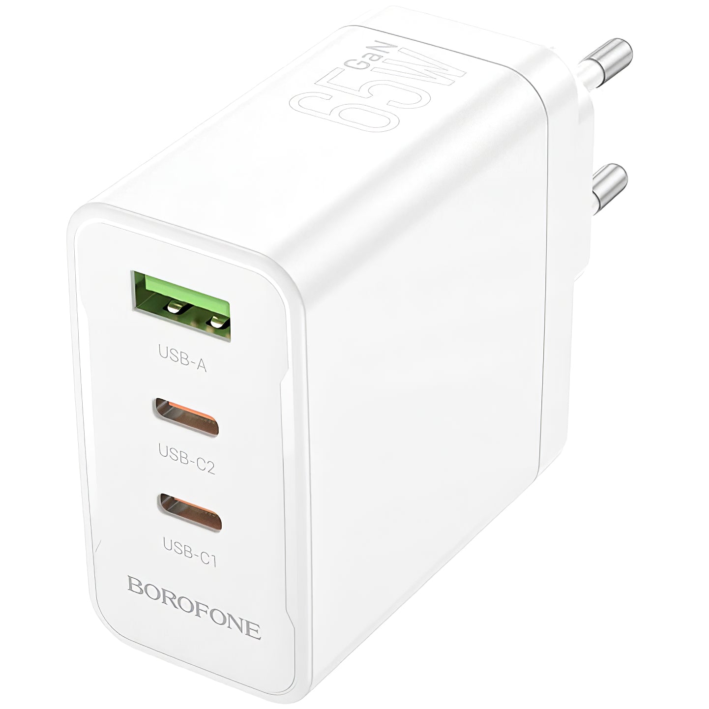 Carregador de rede Borofone BN12, 65W, 5A, 1 x USB-A - 2 x USB-C, branco