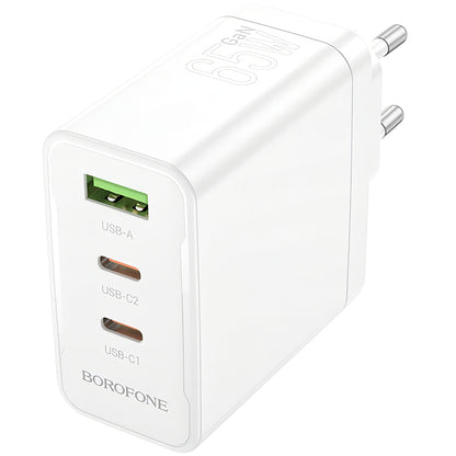 Carregador de rede Borofone BN12, 65W, 5A, 1 x USB-A - 2 x USB-C, branco