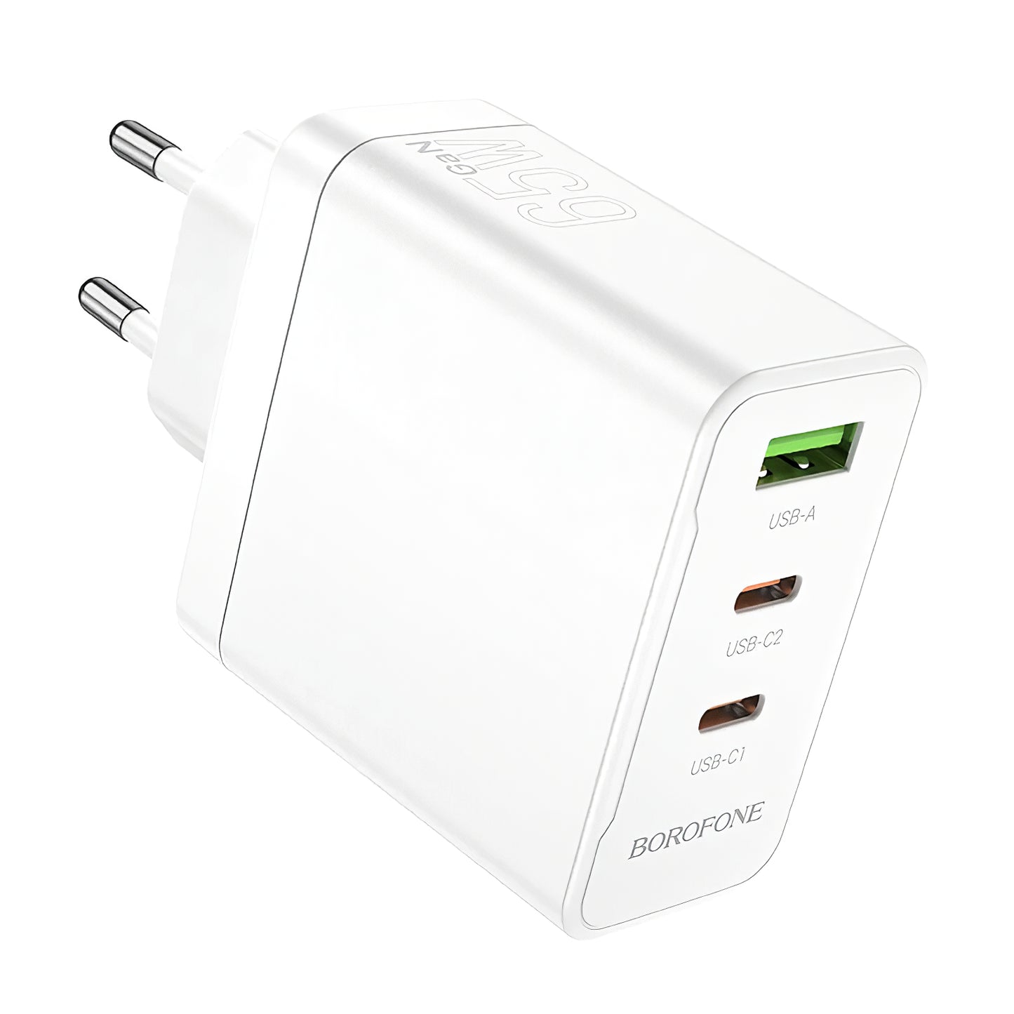 Carregador de rede Borofone BN12, 65W, 5A, 1 x USB-A - 2 x USB-C, branco