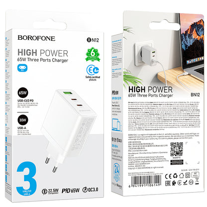 Carregador de rede Borofone BN12, 65W, 5A, 1 x USB-A - 2 x USB-C, branco