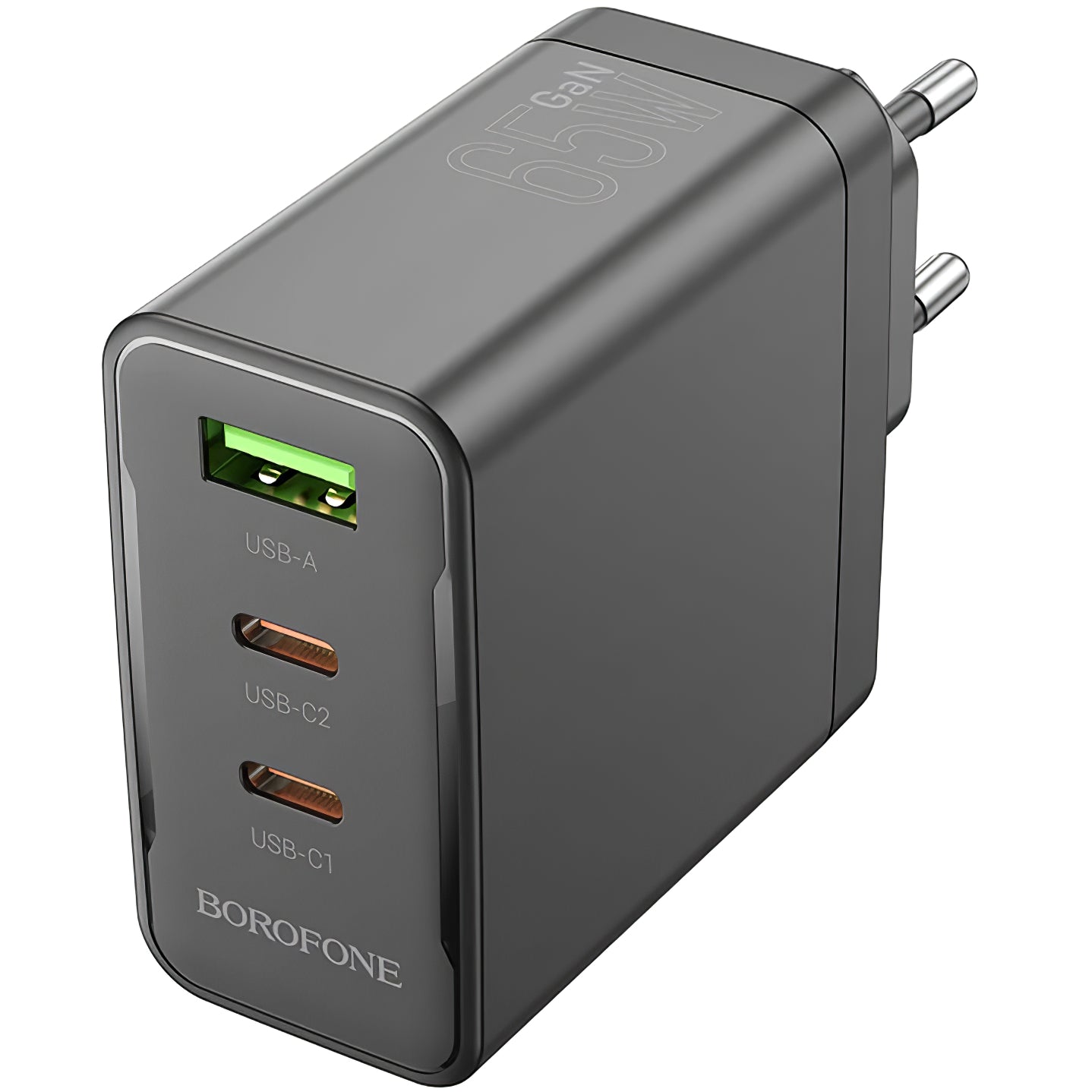 Carregador de rede Borofone BN12, 65W, 5A, 1 x USB-A - 2 x USB-C, preto