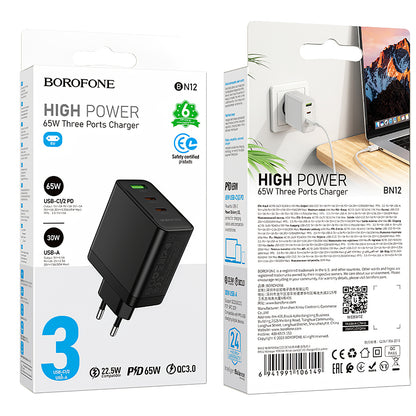 Carregador de rede Borofone BN12, 65W, 5A, 1 x USB-A - 2 x USB-C, preto