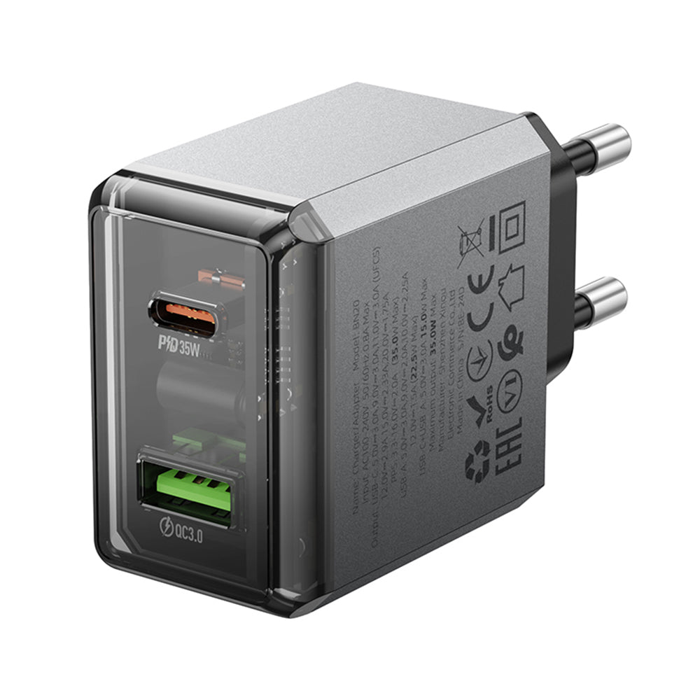 Carregador de Rede Borofone BN20 Lena, 35W, 3A, 1 x USB-A - 1 x USB-C, Cinzento