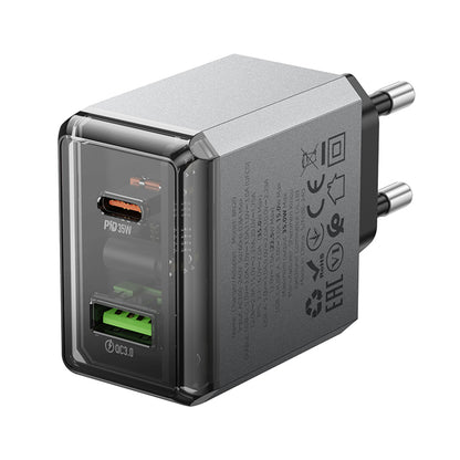 Carregador de Rede Borofone BN20 Lena, 35W, 3A, 1 x USB-A - 1 x USB-C, Cinzento