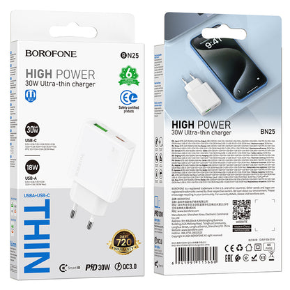 Carregador de rede Borofone BN25 Wish, 30W, 3A, 1 x USB-A - 1 x USB-C, branco 