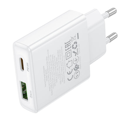 Carregador de rede Borofone BN25 Wish, 30W, 3A, 1 x USB-A - 1 x USB-C, branco 