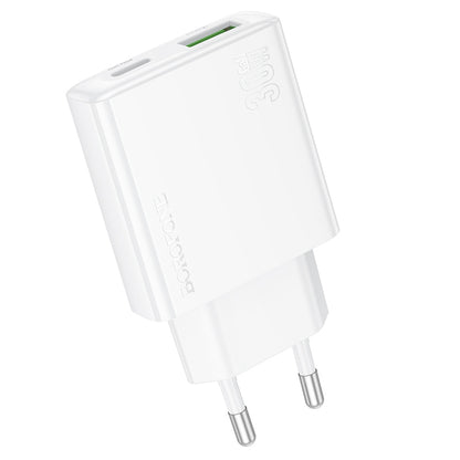 Carregador de rede Borofone BN25 Wish, 30W, 3A, 1 x USB-A - 1 x USB-C, branco 