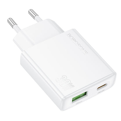 Carregador de rede Borofone BN25 Wish, 30W, 3A, 1 x USB-A - 1 x USB-C, branco 