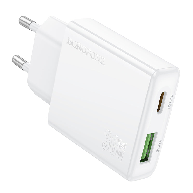 Carregador de rede Borofone BN25 Wish, 30W, 3A, 1 x USB-A - 1 x USB-C, branco 