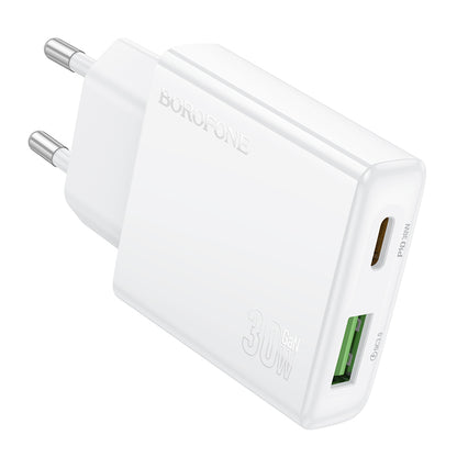 Carregador de rede Borofone BN25 Wish, 30W, 3A, 1 x USB-A - 1 x USB-C, branco 