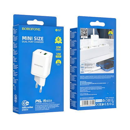 Carregador de rede Borofone BN7, 20W, 3A, 1 x USB-A - 1 x USB-C, branco 