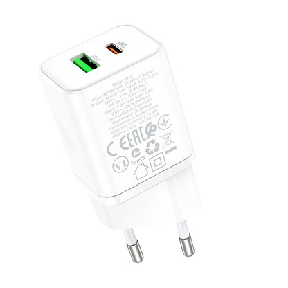 Carregador de rede Borofone BN7, 20W, 3A, 1 x USB-A - 1 x USB-C, branco 