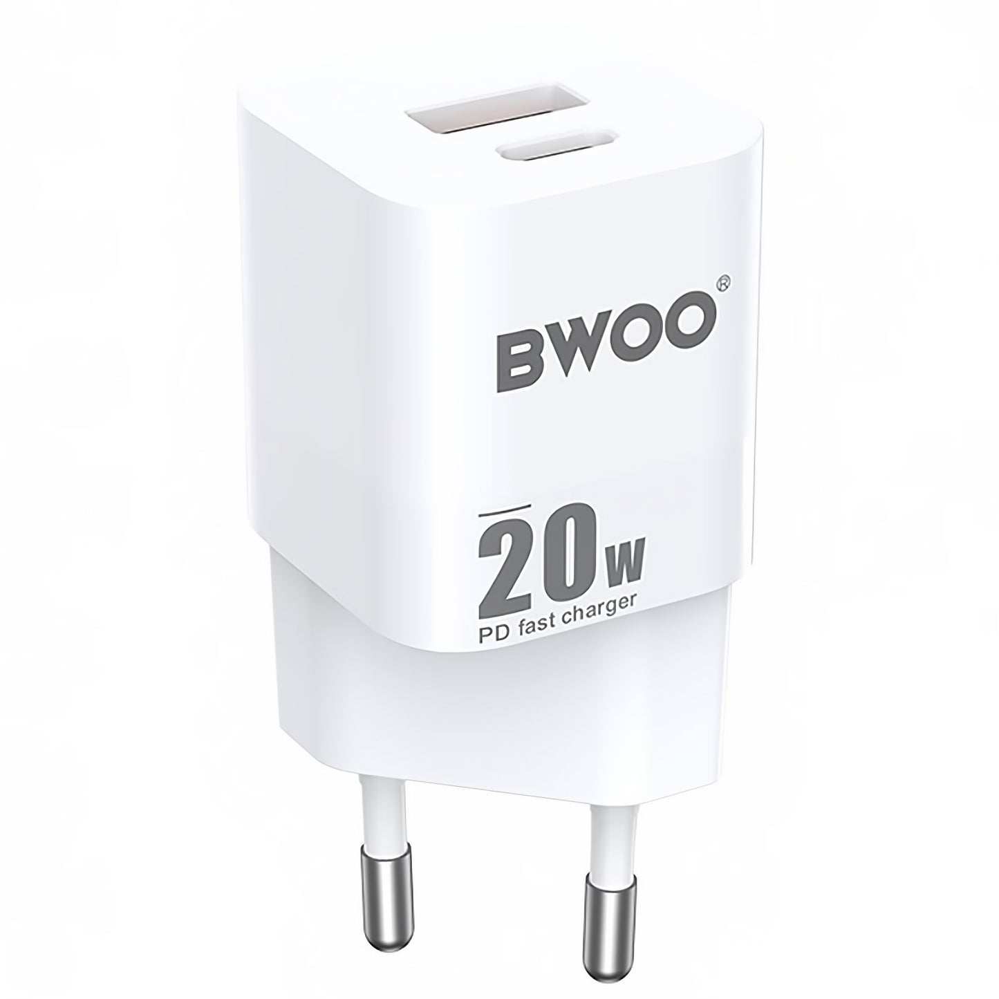 Carregador de rede BWOO BO-CDA156, 20W, 3A, 1 x USB-A - 1 x USB-C, branco 