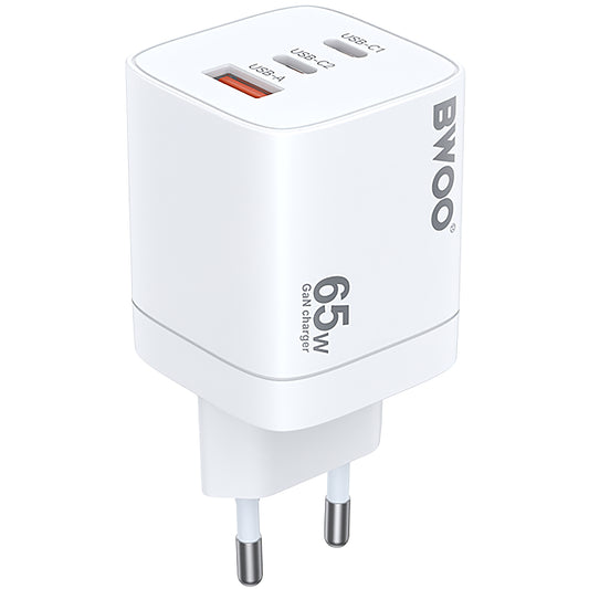 Carregador de rede BWOO CDA147, 65W, 4,5A, 1 x USB-A - 2 x USB-C, branco 