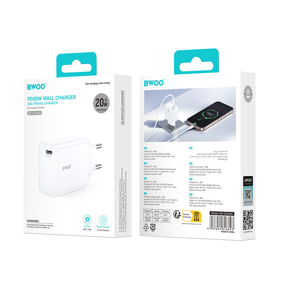 Carregador de Rede BWOO CDA226, 20W, 3A, 1 x USB-C, Branco