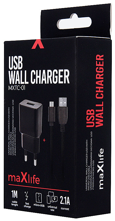 Carregador de rede MaXlife MXTC-01 com cabo microUSB, 10,5 W, 2,1 A, 1 x USB-A, preto