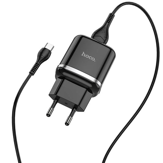 Carregador de rede com cabo USB-C HOCO N3, 18W, 3A, 1 x USB-A, preto