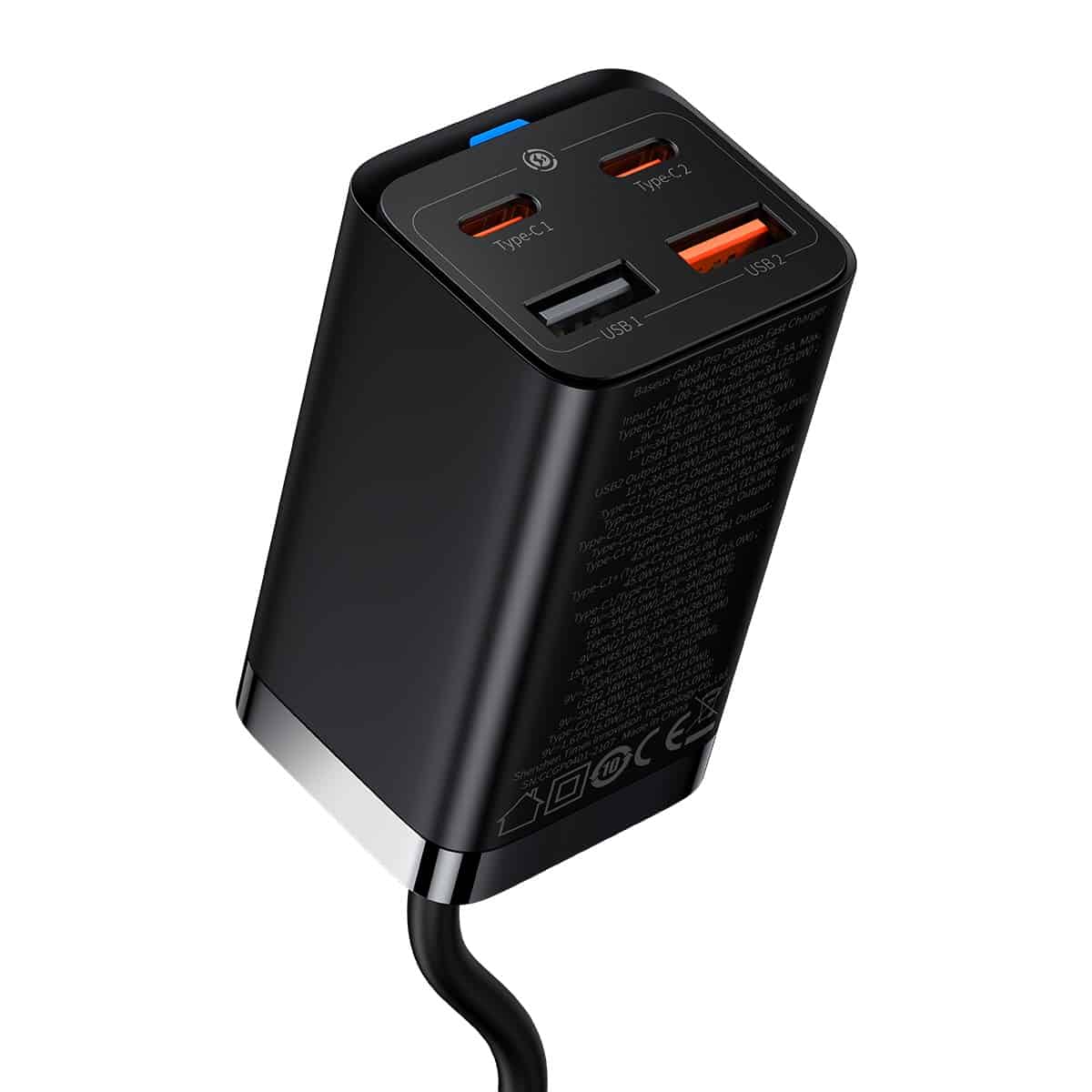 Carregador de rede Baseus GaN3 Pro USB-C com cabo, 65W, 3A, 2 x USB-A - 2 x USB-C, preto CCGP04010101