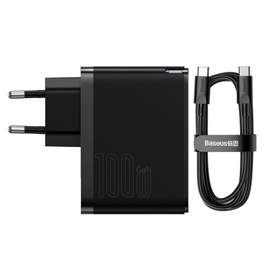 Carregador de Rede com Cabo USB-C Baseus GaN5 Pro, 100W, 3A, 1 x USB-A - 1 x USB-C, Preto CCGP090201