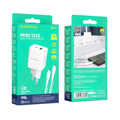 Carregador de rede com cabo USB-C Borofone BN7, 20W, 3A, 1 x USB-A - 1 x USB-C, branco 