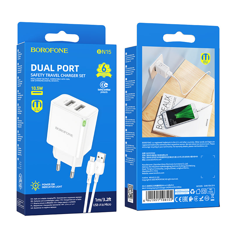 Carregador de rede com cabo microUSB Borofone BN15 Strong, 10,5 W, 2,1 A, 2 x USB-A, branco 