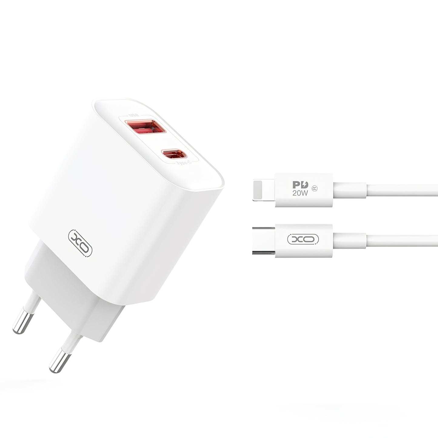 Carregador de rede com cabo Lightning XO Design CE12, 20W, 3A, 1 x USB-A - 1 x USB-C, branco 