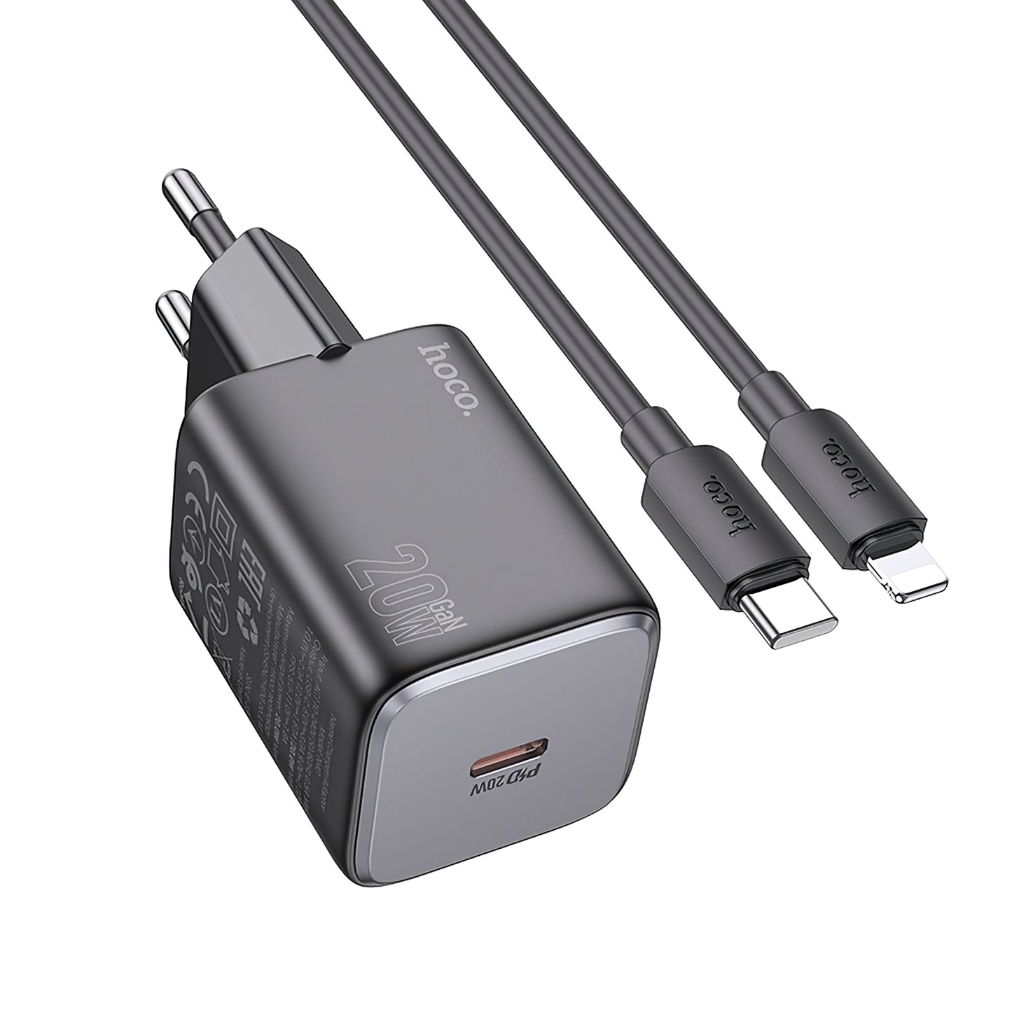 Carregador de rede com cabo Lightning HOCO N40, 20W, 3A, 1 x USB-C, preto 