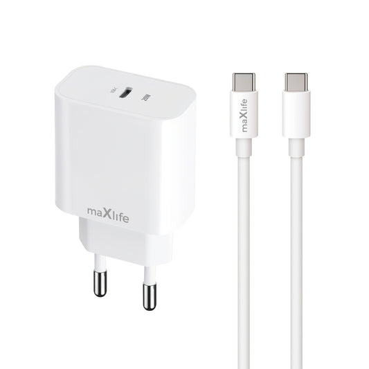 Carregador de Rede com Cabo USB-C MaXlife MXTC-06-20C, 20W, 3A, 1 x USB-C, Branco