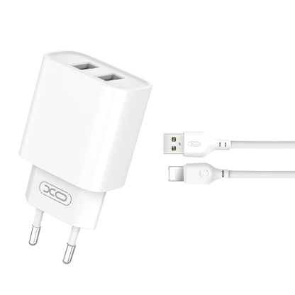 Carregador de rede com cabo Lightning XO Design CE02C, 10,5 W, 2,1 A, 2 x USB-A, branco 