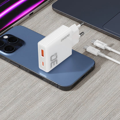 Carregador de rede com cabo USB-C Dudao A30EUT, 30W, 3A, 1 x USB-A - 1 x USB-C, branco 