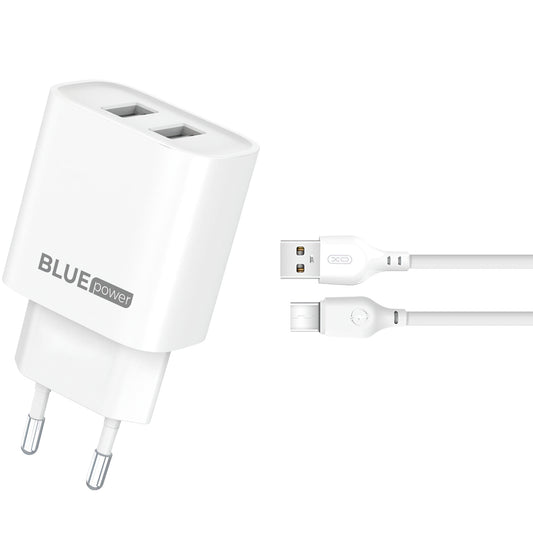 Carregador de rede com cabo USB-C Blue Power BPCE02C, 10,5 W, 2,1 A, 2 x USB-A, branco