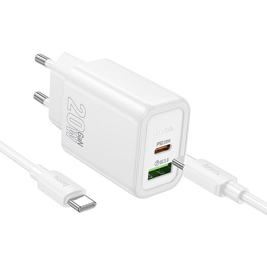 Carregador de Rede com Cabo USB-C HOCO N61, 20W, 3A, 1 x USB-A - 1 x USB-C, Branco