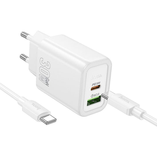 Carregador de Rede com Cabo USB-C HOCO N63, 30W, 3A, 1 x USB-A - 1 x USB-C, Branco