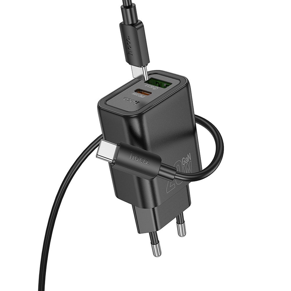 Carregador de Rede com Cabo Lightning HOCO N61, 20W, 3A, 1 x USB-A - 1 x USB-C, Preto