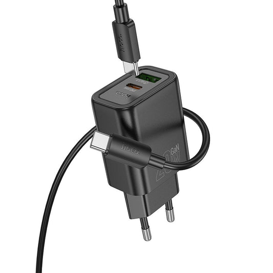 Carregador de Rede com Cabo Lightning HOCO N61, 20W, 3A, 1 x USB-A - 1 x USB-C, Preto