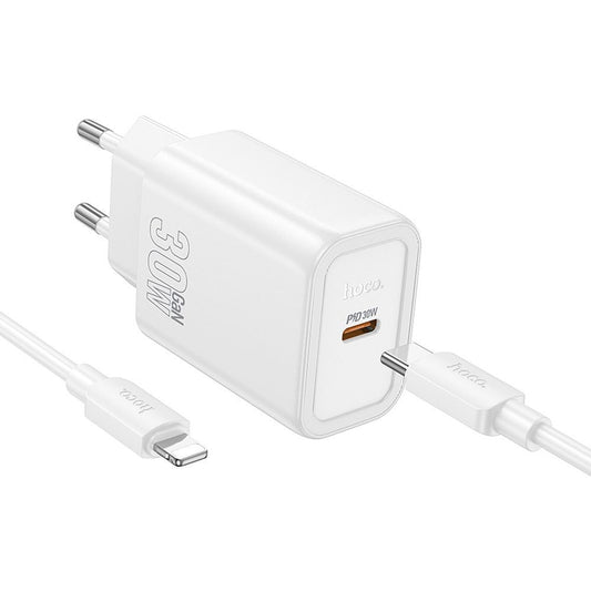 Carregador de Rede com Cabo Lightning HOCO N62, 30W, 3A, 1 x USB-C, Branco