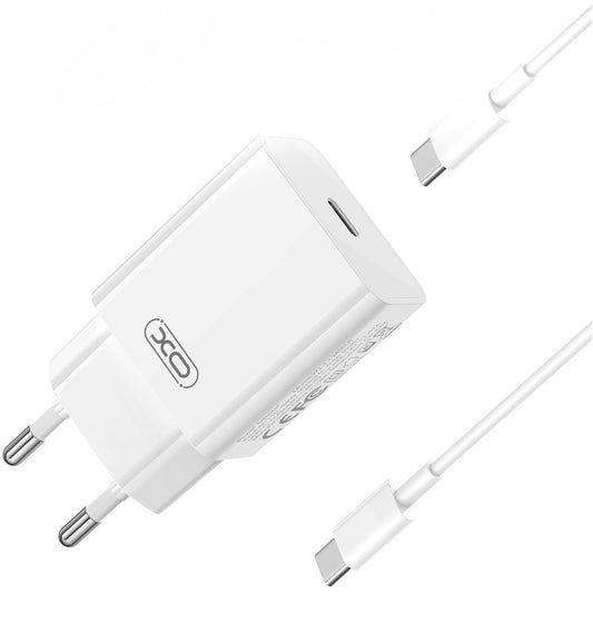 Carregador de Rede com Cabo USB-C XO Design L126, 20W, 3A, 1 x USB-C, Branco