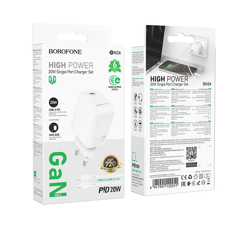 Carregador de Rede com Cabo USB-C Borofone BN26 Fuente, 20W, 3A, 1 x USB-C, Branco