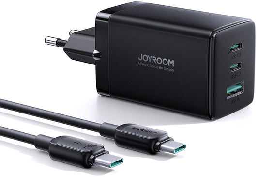Carregador de Rede com Cabo USB-C Joyroom TCG01, 65W, 3.25A, 1 x USB-A - 2 x USB-C, Preto
