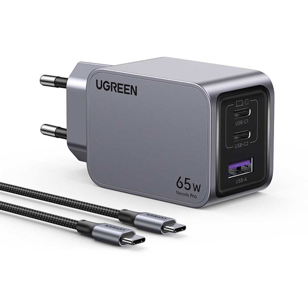 Carregador de Rede com Cabo USB-C UGREEN X755 Nexode Pro, 65W, 3A, 1 x USB-A - 2 x USB-C, Cinzento