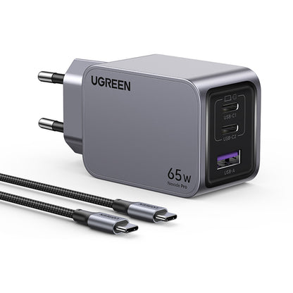 Carregador de Rede com Cabo USB-C UGREEN X755 Nexode Pro, 65W, 3A, 1 x USB-A - 2 x USB-C, Cinzento