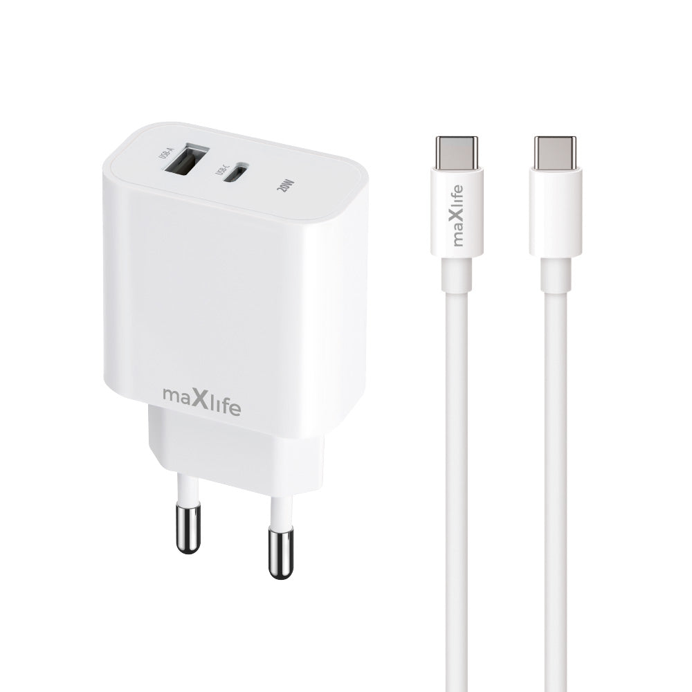 Carregador de Rede com Cabo USB-C MaXlife MXTC-06-20AC, 20W, 3A, 1 x USB-A - 1 x USB-C, Branco