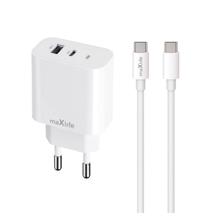 Carregador de Rede com Cabo USB-C MaXlife MXTC-06-20AC, 20W, 3A, 1 x USB-A - 1 x USB-C, Branco