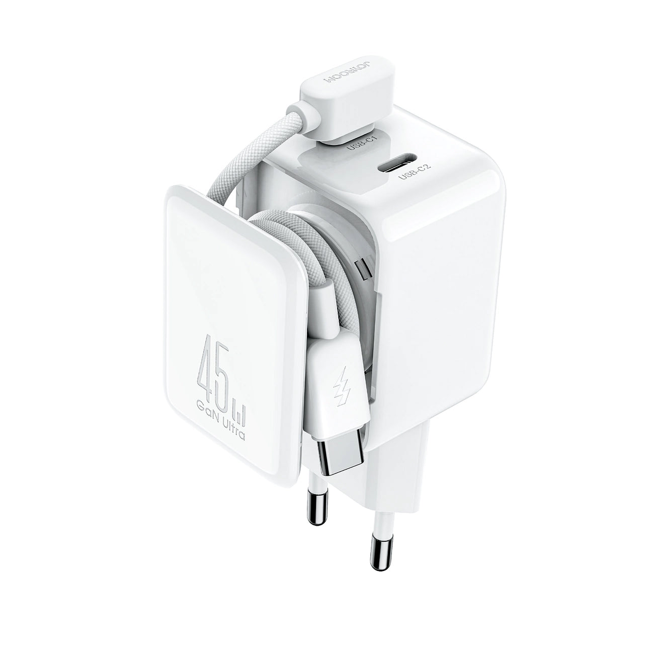 Carregador de Rede com Cabo USB-C Joyroom JR-TCL05, 45W, 3A, 2 x USB-C, Branco