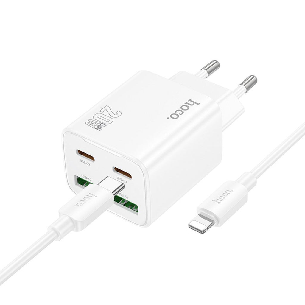 Carregador de Rede com Cabo Lightning HOCO N55, 20W, 3A, 2 x USB-A - 2 x USB-C, Branco