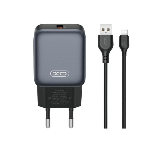 Carregador de Rede com Cabo USB-C XO Design L152, 18W, 3A, 1 x USB-A, Preto