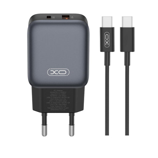 Carregador de Rede com Cabo USB-C XO Design L156, 30W, 3A, 1 x USB-A - 1 x USB-C, Preto